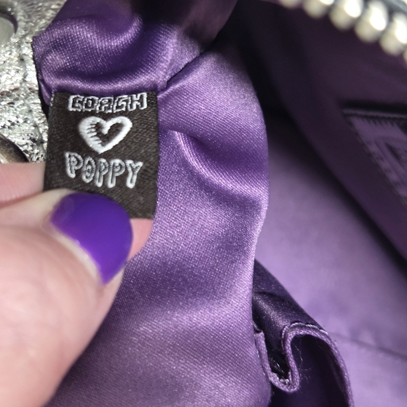 Coach Poppy Signature Sateen Pocket Swing Bag Black & Silver Crossbody Purple - Picture 10 of 13